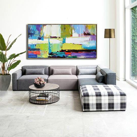 Extra Large Abstract Painting On Canvas,Horizontal Palette Knife Contemporary Art Canvas Painting,Modern Art,Light Green,Purple,Grey,Yellow.etc